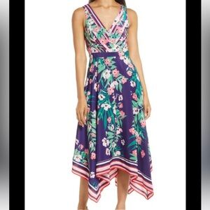 Beautiful 😍 Vince Camuto Handkerchief Hem Midi Dress size 6‎ blue and pink